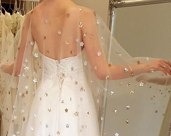 Grey Star Sequins Wedding Cape: Shiny Sparkle Celestial Constellation Stars Moon Bridal Cover-Up Cloak.
