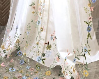 Embroidered flowers veil, floral wedding veil, secret garden veil, wildlower colorful botanical garden veil, green vines red pink blue veil.