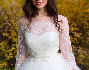 Flower floral wedding dress, two pieces wedding dress, modest simple elopement long sleeves vintage tulle chiffon princess wedding dress.