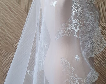 Mantilla wedding veil with blusher, One tier bridal veil with lace trim, Two tiers Mantilla veil, Chapel length veil, Embroidered edge veil.