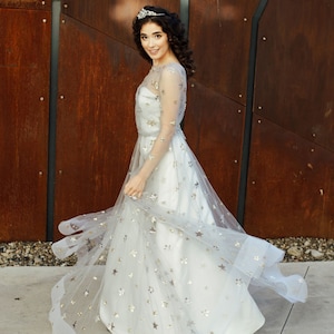 Ivory Gray Black wedding dress, long sleeve wedding dress, celestial wedding dress, stars sequins vintage bohemian elopement wedding dress