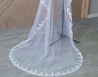 Mantilla wedding veil dotted tulle, One tier bridal veil with lace trim, Two tiers Mantilla veil, Chapel length veil, Embroidered edge veil.