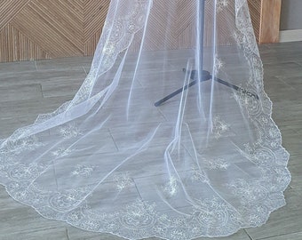 Mantilla wedding veil with blusher, One tier bridal veil with lace trim, Two tiers Mantilla veil, Chapel length veil, Embroidered edge veil.