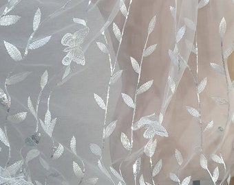 Draped veil - Silver sequins leaves butterflies wedding veil, shiny sparkle butterfly floral veil, secret garden wildflower botanical veil.