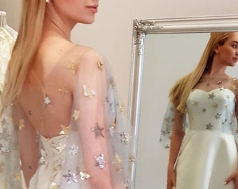Grey Star Sequins Wedding Cape: Shiny Sparkle Celestial Constellation Stars Moon Bridal Cover-Up Cloak.