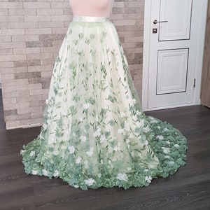 3D Green and White Flower Wedding Train, Floral Wedding Overskirt ...