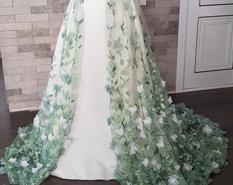 3D Green and white flower wedding train, floral wedding overskirt, detachable removable wedding train skirt, garden bridal separates skirt