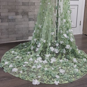 3D Green and white flower wedding train, floral wedding overskirt, detachable removable wedding train skirt, garden bridal separates skirt
