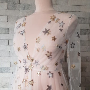 Stars wedding dress, elopement celestial wedding dress, stars wedding robe, stars sequins vintage bohemian wedding dress, moon stars dress