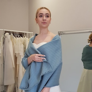 Dusty Blue Bridal Shawl: Knitted Cotton Wedding Wrap Poncho