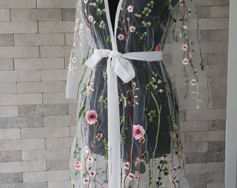 Embroidered Flower Tulle Wedding Robe: Bridal Getting Ready Gown