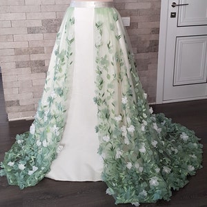 3D Green and white flower wedding train, floral wedding overskirt, detachable removable wedding train skirt, garden bridal separates skirt