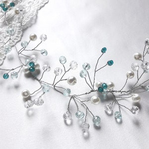Something blue wedding hair vine, bridal bridesmaid hair accessories, bridal headband, bridal tiara, wedding wreath, pearls crystals vine. image 9