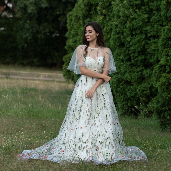 Floral Embroidered Elopement Wedding Dress: Colorful Rustic Bohemian Alternative Simple Green Flowers Bridal Gown.