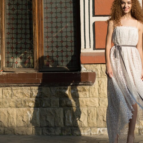 Bohemian simple shops off-shoulder alternative wedding dress, bridal separates, wedding separates, high-low beach wedding dress, vintage wedding.