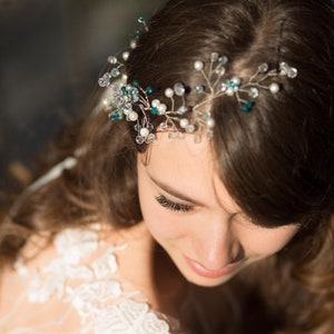 Something blue wedding hair vine, bridal bridesmaid hair accessories, bridal headband, bridal tiara, wedding wreath, pearls crystals vine. image 1