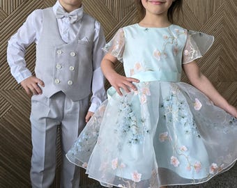 Embroidered Organza Flower Girl Dress: Party Princess Dress, Pink Peachy Blue Floral Girls Dresses.