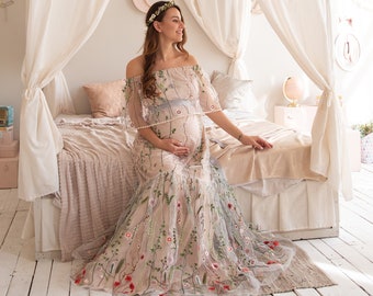 Maternity Dress for Photo Shoot, maternity wedding dress, floral flower maternity dress, off-shoulder elopement rustic bohemian plus size