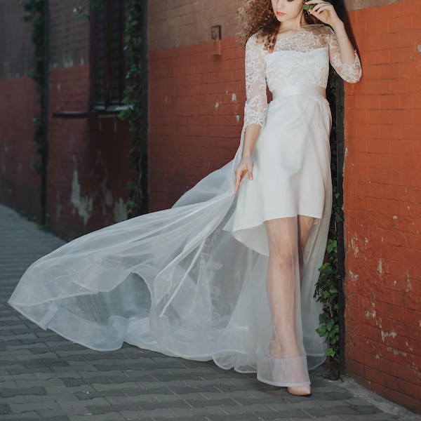 Organza wedding skirt, wedding overskirt extra long train horsehair hem, bridal separates skirt, detachable organza skirt, removable train