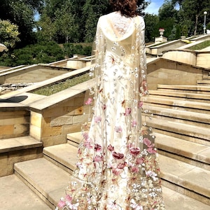 Burgundy flower wedding cape, botanical garden cape, pink golden blue red floral cape, secret garden cape, wildflower colorful wedding cape