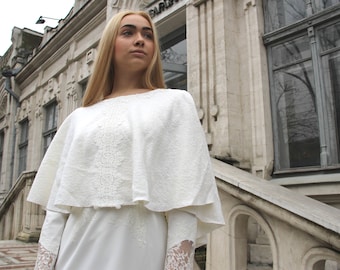 Ivory Wool Wedding Cape: Embroidered Winter Bridal Bolero