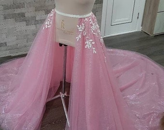 Sparkle Pink Tulle Wedding Train: Detachable Removable Sparkly Shiny Bridal Skirt, Extra Long Train.