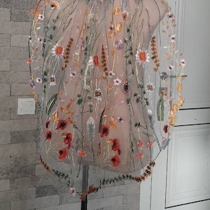 Orange red green flowers embroidered veil, floral flower wedding veil, secret garden wildflower botanical veil cape, floral embroidery veil