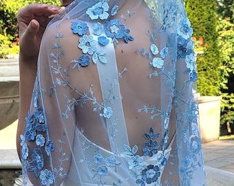 Blue Floral Wedding Veil: 3D Something Lilac Flowers Petals Wildflower Garden Botanical Bridal Veil.