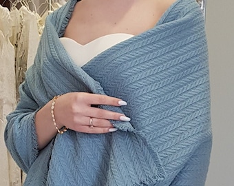 Blue Knitted Wedding Shawl: Warm Cotton Bridal Wrap Scarf Cover-up Shrug, Wedding Cape Capelet.