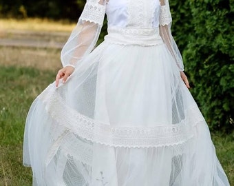 Ethnic Rustic Polka Dotted Tulle Wedding Skirt: Traditional Folk Bridal Overskirt, Embroidered Overskirt.