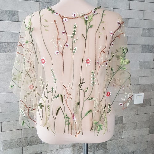 Champagne nude wedding cape, floral wedding cloak, blue secret garden wildflower cape, garden green leaves embroidered wedding shops cover-up cape