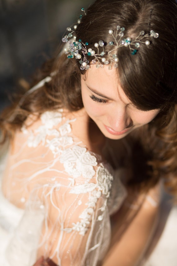“Something Blue” bridal headpiece Art Deco Wedding Hair Chain: Something Blue Crystal Bridal  main image 3