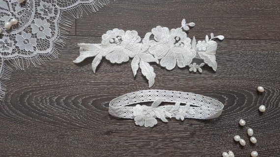 2 Paires De Jarretières De Mariée En Dentelle Avec Perles - Tour De Jambe 40-60 Cm, Bleu Clair Et Blanc - Vintage Et Romantique