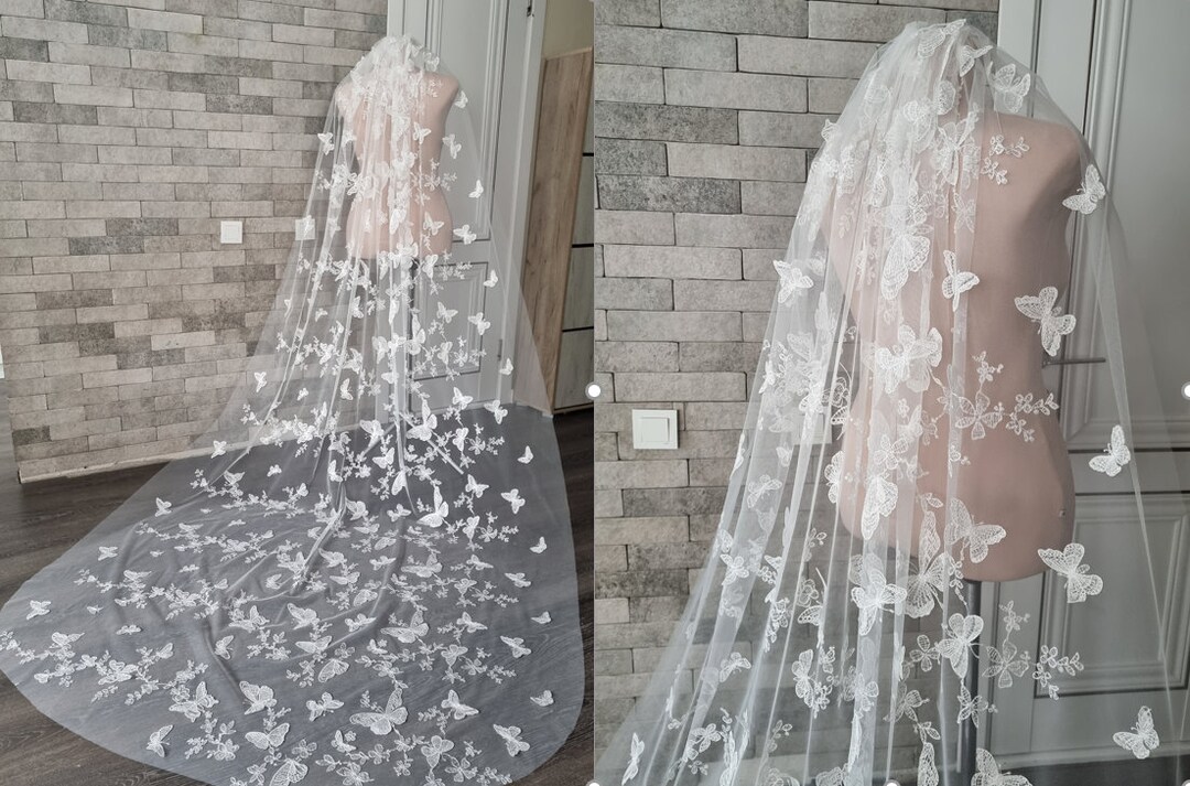 3D Butterflies Wedding Veil, Butterfly Wedding Veil Cape, Red Black