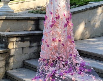 Floral Wedding Veil: 3D Peachy Pink Purple Violet Flowers  display picture 2