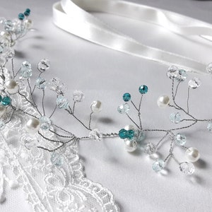 Something blue wedding hair vine, bridal bridesmaid hair accessories, bridal headband, bridal tiara, wedding wreath, pearls crystals vine. image 8