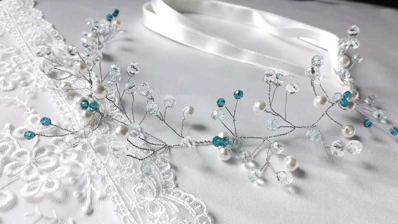 Something blue wedding hair vine, bridal bridesmaid hair accessories, bridal headband, bridal tiara, wedding wreath, pearls crystals vine. image 8