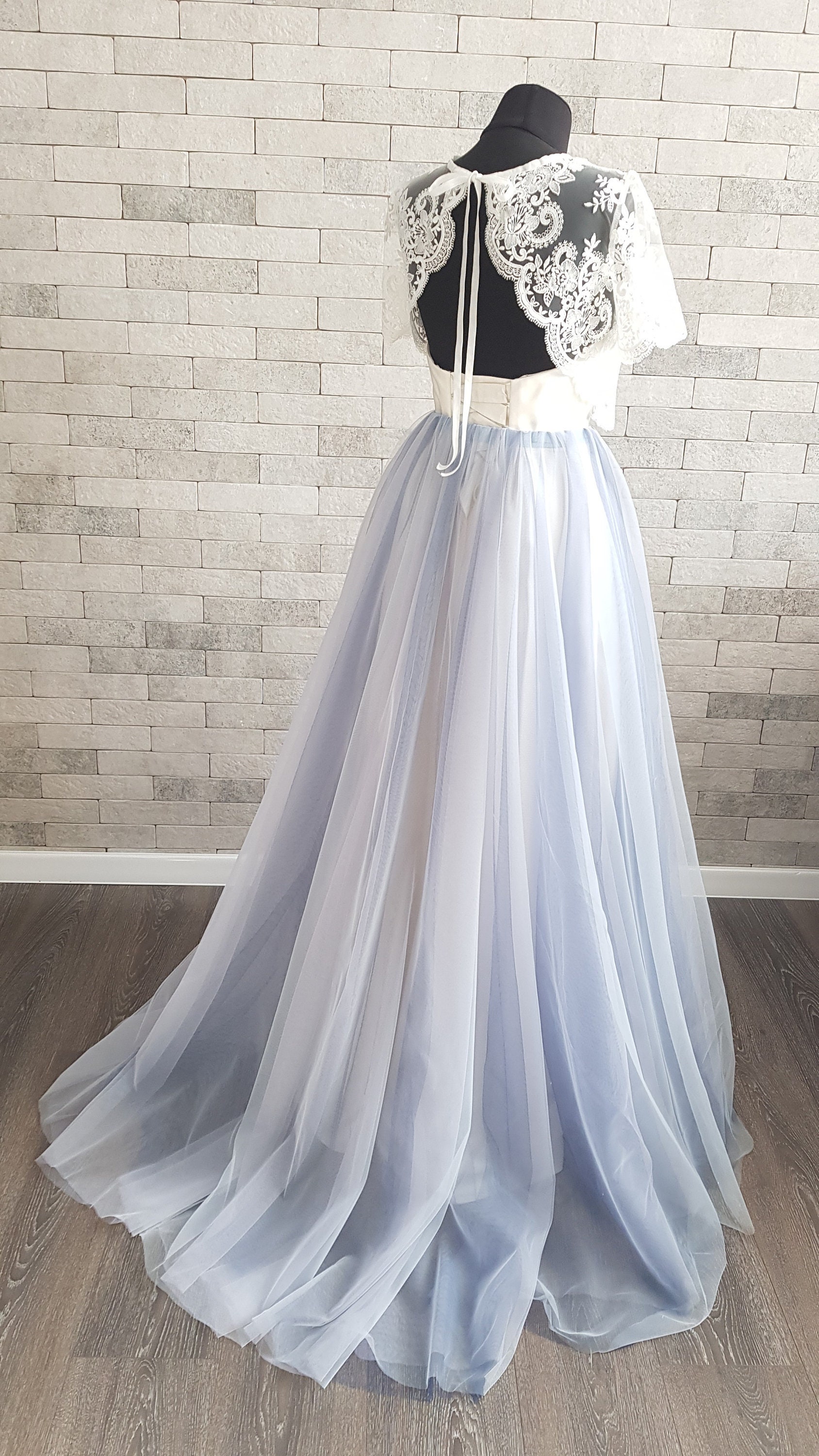 blue blush wedding dress A-Line Square Chapel Train Sleeveless Blue Wedding Dress WD183 US4 / Blue