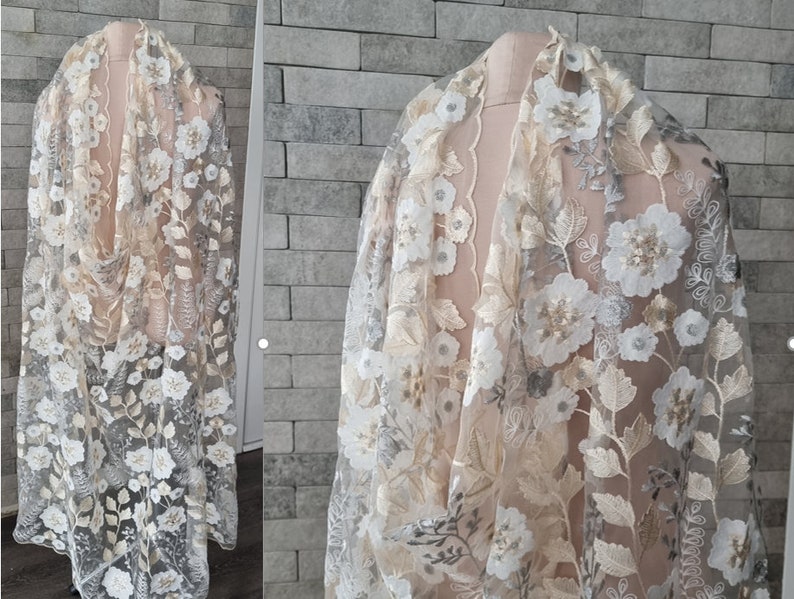 Peachy grey wedding Cape, shiny flowers capelet, bridal cloak, secret garden wildflower autumn botanical garden flower bridal sparkle cape. image 5