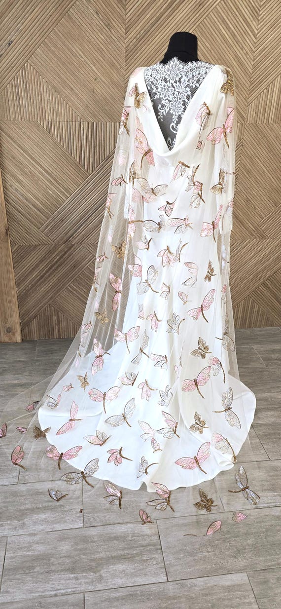 Embroidered Dragonfly Bridal Veil: Golden Pink Sequins, Sparkle
