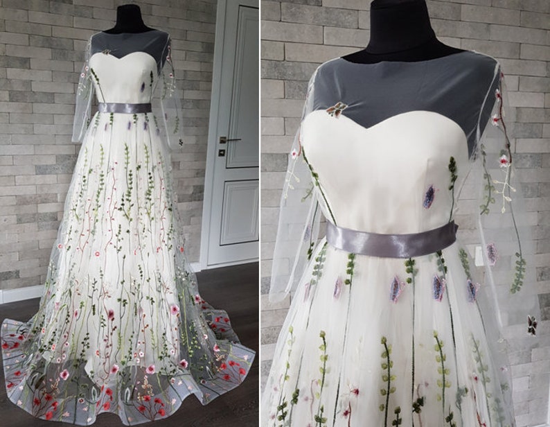 Flower Wedding Dress Long Sleeve Wedding Dress Bridal Etsy