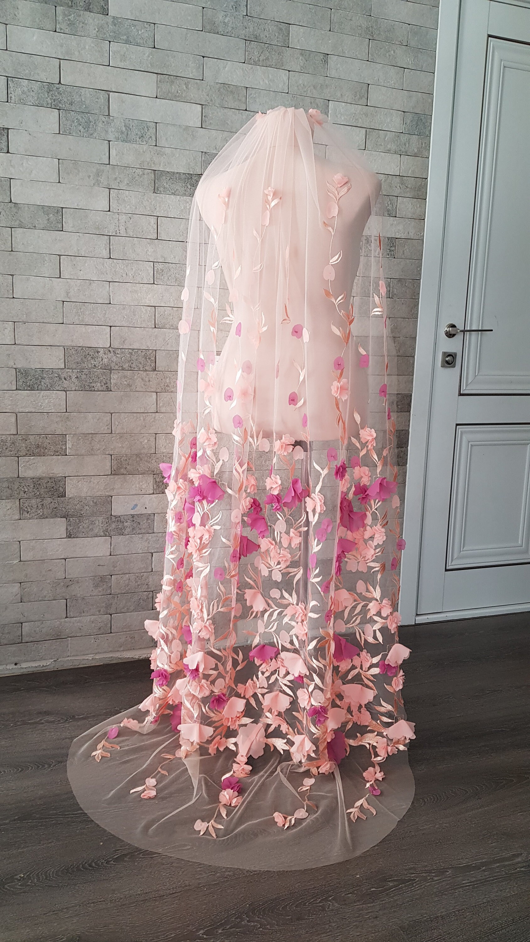 Vibrant 3-D Colorful Veil In Peachy Orange And Pink. Floral Wedding Veil: 3D Peachy Pink Purple Violet Flowers  main image 3