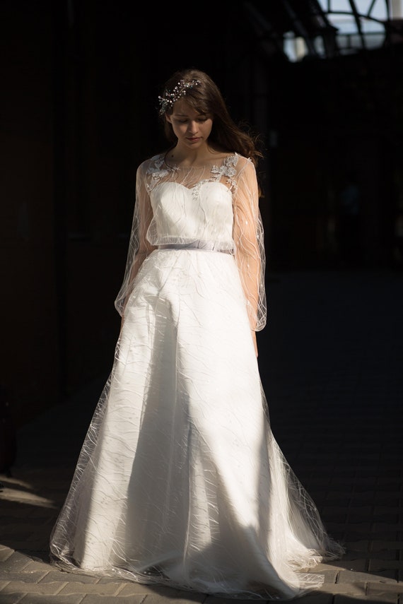 Embroidered Tulle Wedding Top: Ivory Lace Applique Bridal Cover-Up