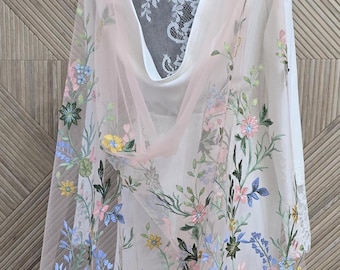 Secret garden flower wedding cape, floral wedding cape, pink red golden blue floral bridal cape, wildflower colorful cape, garden veil cape.