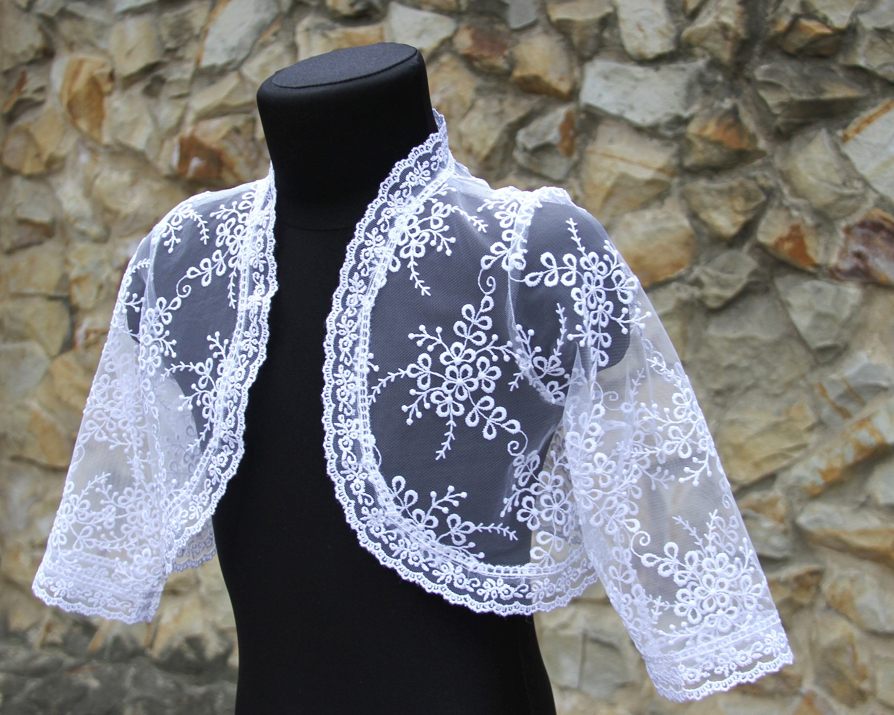 Elegant Girls Bolero: First Communion Girl Capelet, White Girls Lace Knitted Blouse Jacket Shrug.