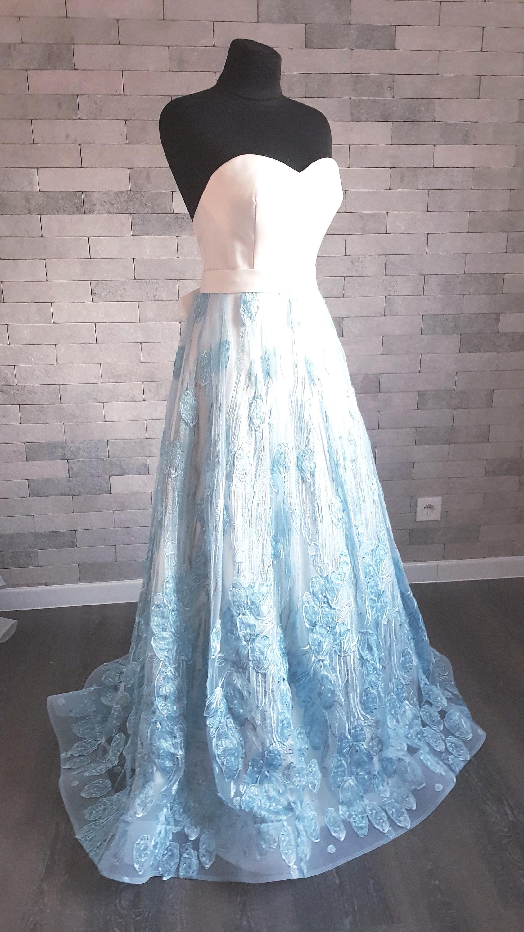 Embroidered Lace Wedding Skirt: Blue Bridal Overskirt with Detachable Train