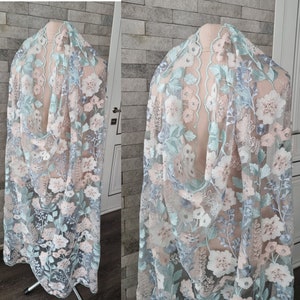 Draped pink and blue wedding Veil, shiny sparkle floral veil, flowers embroidered veil, secret garden wildflower autumn botanical veil cape
