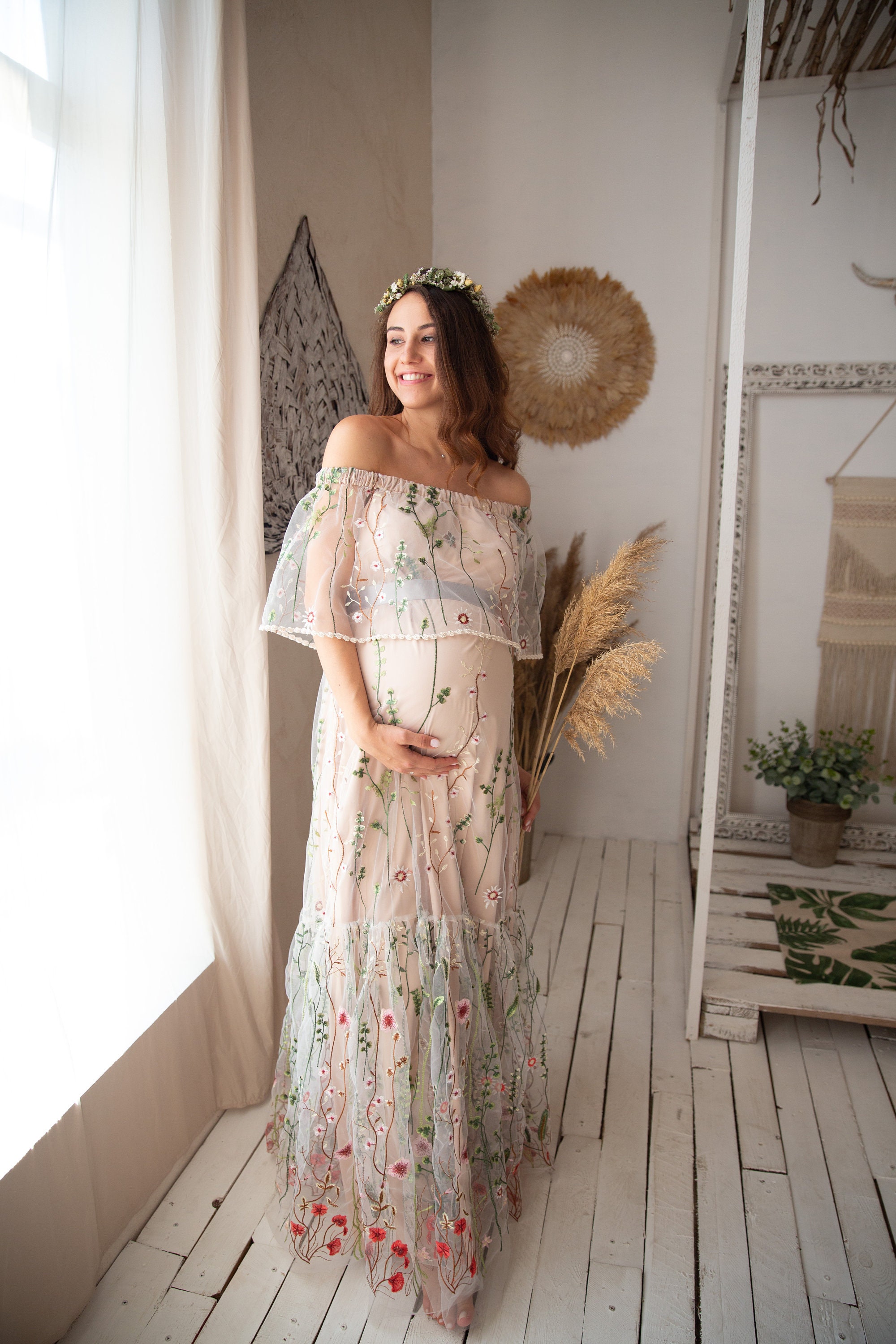off the shoulder floral maternity dress SAGE Floral Off Shoulder Maxi Maternity Dress SAGE / SMALL