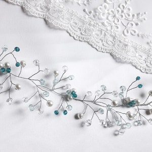 Something blue wedding hair vine, bridal bridesmaid hair accessories, bridal headband, bridal tiara, wedding wreath, pearls crystals vine. image 10