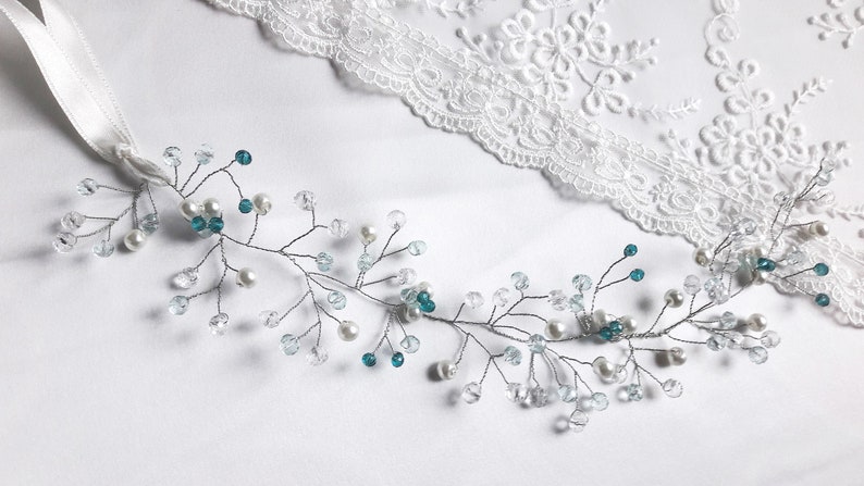 Something blue wedding hair vine, bridal bridesmaid hair accessories, bridal headband, bridal tiara, wedding wreath, pearls crystals vine. image 10